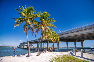MIAMI, FL - FEBRUARY 2016: Rickenbacker Causeway and palms on a sunny day