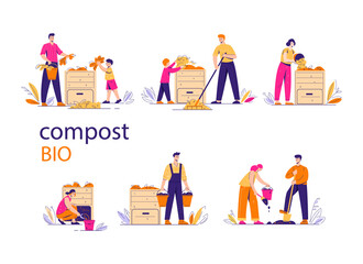 Compost bin with bio-recycling of waste. A pile of waste for organic fertilizers. Gardeners people next to the box. Set of vector illustrations in flat style.