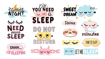 Sweet dream. Sleeping slogan and good night elements cute eye mask, pillow, moon and clouds. Posters for bedroom or pajama prints vector set