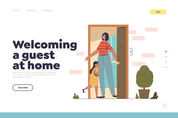 Welcoming guest at home concept of landing page with mom welcome daughter at door after school
