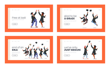 Finish University Education Landing Page Template Set. Characters Group in Graduation Gowns and Caps Rejoice, Jumping