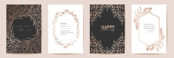 Mothers day golden luxury greeting set. Vector floral foliage design for Mother party, woman spring card