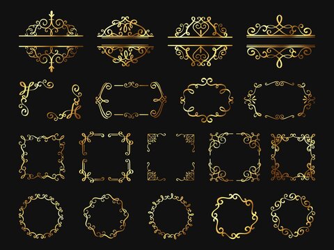 Retro golden frames. Vintage gold borders and corners, classic ornament element. Photo frame, cover, wedding or certificate decor vector set