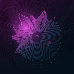 Retro musical plate made of glowing wavy shapes. Tropical background with palm tree. Night disco. Exotic creative graphic for your musical event. Summer beach party. Vector illustration.