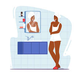Woman Brushing Teeth. Female Character Hygiene Procedure in Bathroom. Young Adorable Girl in Nightwear Every Day Routine