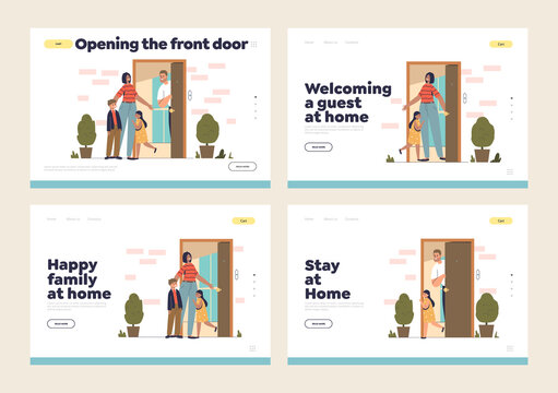 Open door to welcome and goodbye concept of landing pages set with parents and kids at door at home