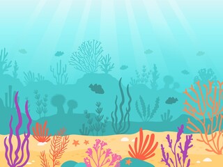 Obraz na płótnie Canvas Underwater background. Cartoon seascape with coral reef, sand, seaweed and fish. Ocean bottom scene, deep undersea marine vector landscape
