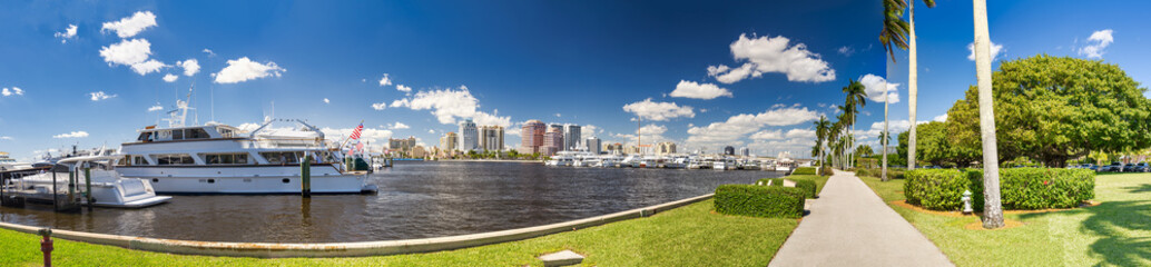 West Palm Beach panoramic view of city port and boats on a sunny winter day, Florida