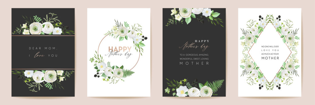 Mothers Day Beautiful Floral Cards. Watercolor Flowers Frame Vector Set. Spring Flower Design For Mother Party