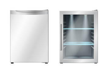 Mini refrigerator with open and closed door. Modern freezer or small fridge for hotel room - obrazy, fototapety, plakaty