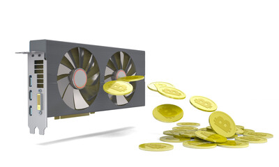 Modern graphics card and gold bitcoins (3d illustration).