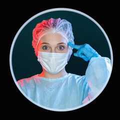 Doctor insight. Treatment idea. Medical therapy solution. Portrait of smart inspired female surgeon in blue ppe face mask gloves pointing finger at temple in round frame avatar isolated on black.