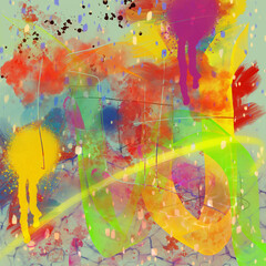 Multicolored digital abstract painting with a variety of paint strokes, sprays, and splatters.

