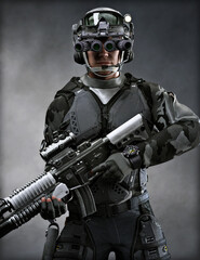 Portrait of a modern warfare soldier wearing battle armor and tactical equipment. 3d rendering
