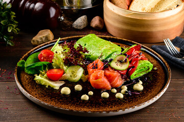 Breakfast. Omelette with green arugula and salmon. Frittata - italian omelet