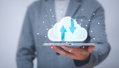 Businessman holding tablet connect to data information on the cloud icon computing network., Backup...