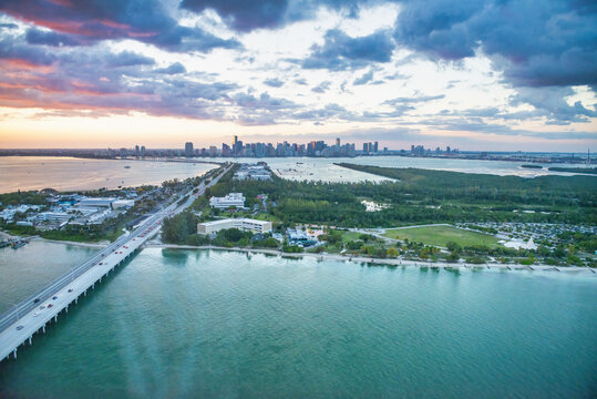 Aerial view of Key Biscayne at sunset, Florida from helicopter