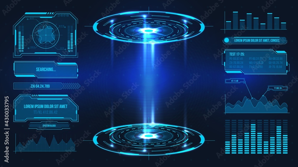 Poster futuristic platform. hologram podium and digital data graphs and frames for product stand or game ui