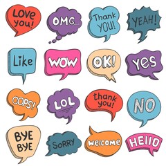 Speech bubbles. Colorful doodle comic balloons with talk phrases thank you, love, like, hello and omg. Cartoon message text cloud vector set