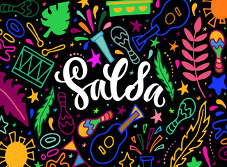 Salsa colorful doodle background. Modern brush calligraphy, hand lettering for Brazilian carnival as banner, card, invitation template. Vector colorful illustration. Hand drawn  poster design