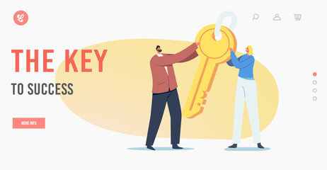 Key to Success Landing Page Template. Tiny Characters Holding Huge Golden Key. Business Motivation, Task Solution