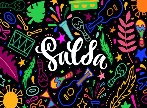 Salsa colorful doodle background. Modern brush calligraphy, hand lettering for Brazilian carnival as banner, card, invitation template. Vector colorful illustration. Hand drawn poster design © Елена Тагильцева