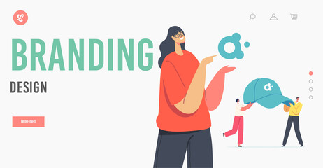 Branding Design Landing Page Template. Saleswoman Presenting Company Logotype, Promotional Products for Brand Identity