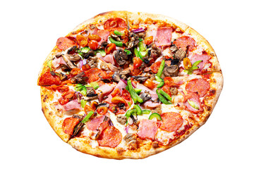 Italian pizza with bacon, cheese, cherry tomatoes, mushrooms, onion, garlic and paprika isolated on white background