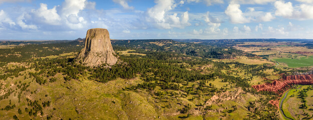 Panorama view at Devils Tower National Monument with the red cliffs - Wyoming 