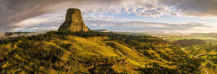 Dramatic panorama sunrise at Devils Tower National Monument - Wyoming 