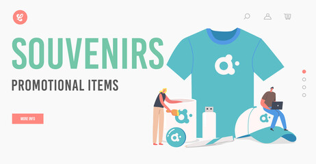 Characters with Huge Promotional Products for Brand Identity Landing Page Template. Man and Woman with T-Shirt, Cap