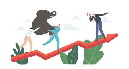 Fototapeta premium Business Characters Power Team Holding Elephant on Hands Climbing Growing Arrow Graph, Corporate Challenge, Success