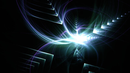 Abstract background, smooth multicolored lines on a black background.