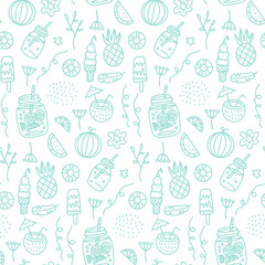 Summer beach Seamless pattern with hand drawn elements -Drinks and fruits. Glass of beverage linear vector illustration.