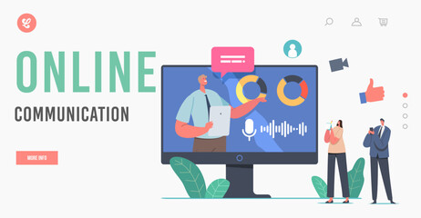 Online Communication, Business Presentation Landing Page Template. Characters Listen Virtual Financial Consultation