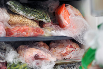 frozen foods, frozen vegetables and meats in the freezer,