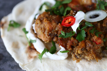 Selective focus. Lavash with meat and vegetables. Ramadan food.