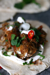 Selective focus. Lavash with meat and vegetables. Ramadan food.