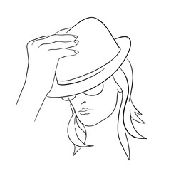 Abstract Woman face with hat. Continuous line drawing.