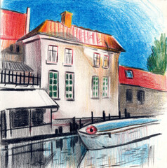 Fototapeta na wymiar Color pencil illustration of a house with bright red roof, green windows and a boat on a sunny day
