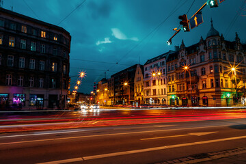 Naklejka premium night streets of the city of wroclaw in poland