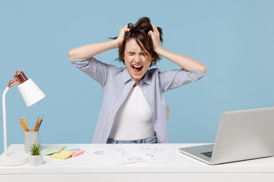Young troubled stressed employee business woman 20s in casual shirt sit work at white office desk with pc laptop hold sctratch head screaming shout isolated on pastel blue background studio portrait