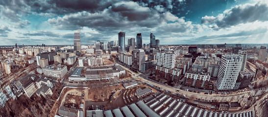 Beautiful panoramic aerial drone skyline view of the Warsaw City Centre with skyscrapers, Poland, EU