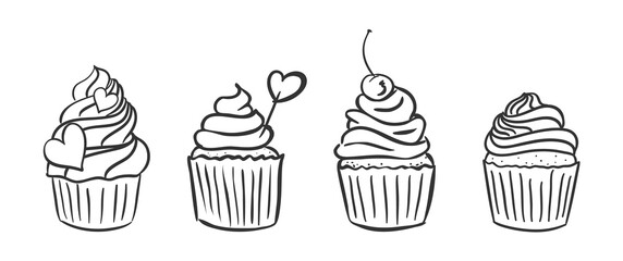 Cupcake icons set with cream, hearts and berries. Muffins with decorations in a linear style.