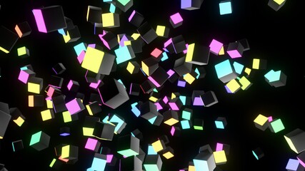 3d render. Cubes with multicolored neon lights. Abstract dark bg light on cubes.