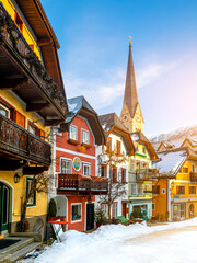 View of famous Hallstatt lakeside town in the Alps. Village in Austria