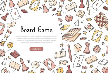 Hand drawn website banner template with of board game element. Doodle sketch style. Vector illustration for board game shop, store background, game competition banner, frame