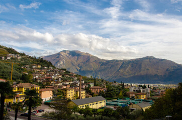 Fototapeta na wymiar Mountain view over small industrial Italian village called Gavazzo near Lake Garda