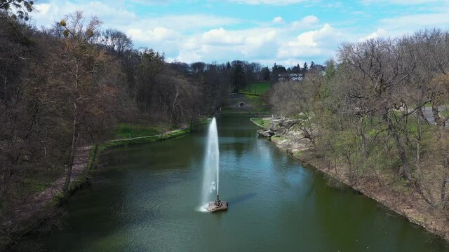 Landscape lake with fountain in the park of Sophia aerial view.