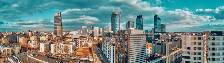 Beautiful panoramic aerial drone skyline view of the Warsaw City Centre with skyscrapers, Poland, EU